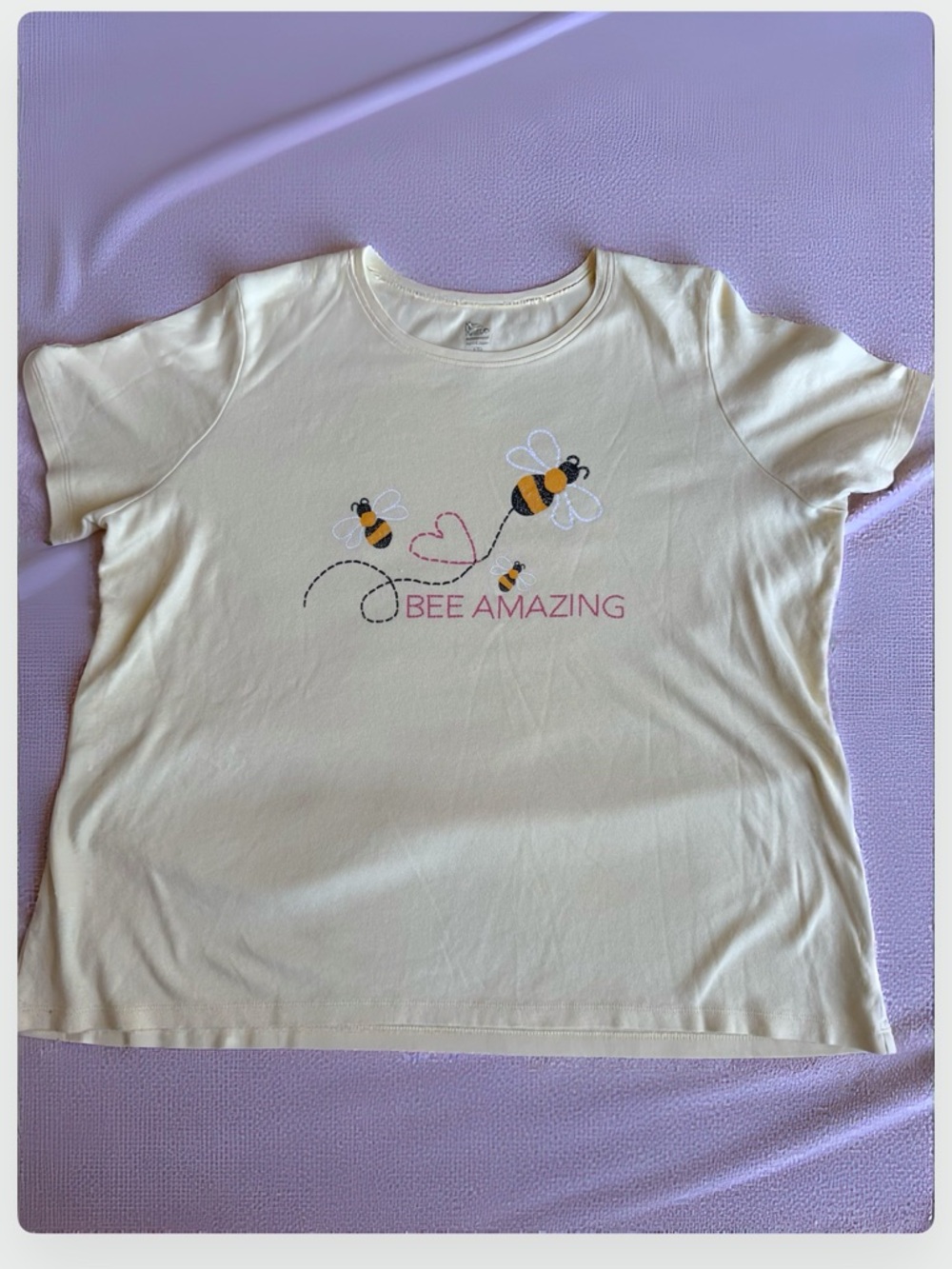 Kim Rogers pastel yellow Tee with Bee Graphic and Pink Text Cotton .